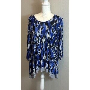 Alfani  Blue Multi Color Printed Asymmetrical Pullover Blouse Size L (12/14)